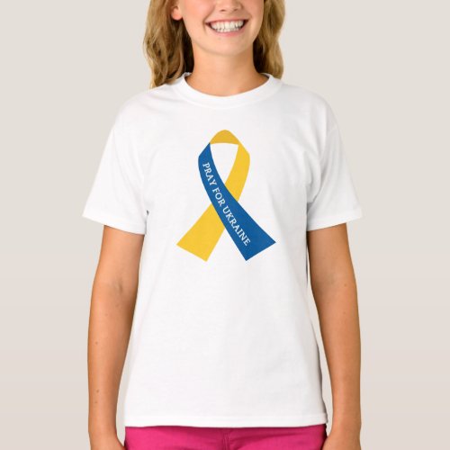 Pray for Ukraine Blue Yellow Ribbon Kids T_Shirt