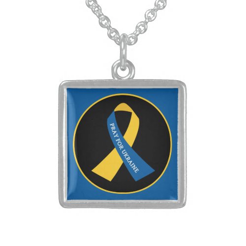 Pray for Ukraine Support Ribbon  Sterling Silver Necklace