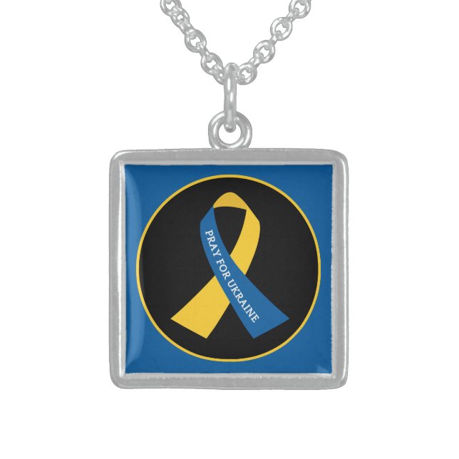 Pray for Ukraine Support Ribbon  Sterling Silver Necklace (Front)