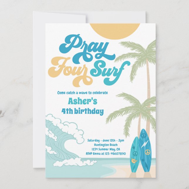Pray Four Surf Retro Surf Beach 4th Birthday Invitation (Front)