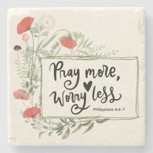 Pray More Worry Less Inspirational Quote Bible Stone Coaster