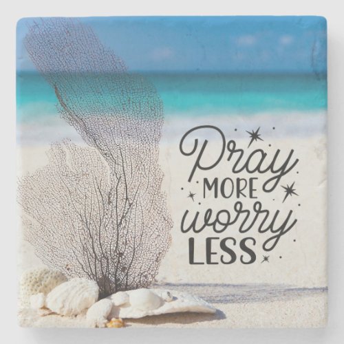 Pray More Worry Less Seashells on Sandy Beach Stone Coaster