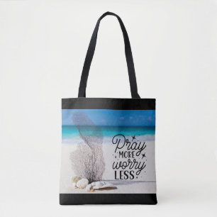 "Pray More Worry Less" Seashells on Sandy Beach Tote Bag
