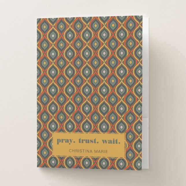 Pray Trust Wait Retro Ikat Green Gold Pocket Folder (Front)