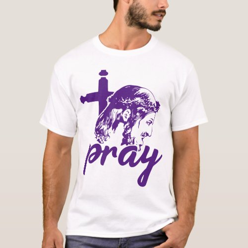 Pray Typography Jesus Image Purple T_Shirt