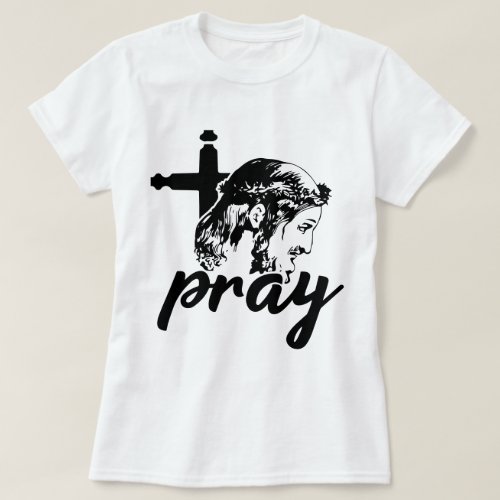 Pray Typography Jesus Image White Womens T_Shirt