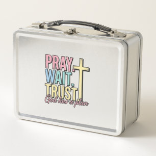 Pray Wait Trust Cross Christian Vintage Metal Lunch Box
