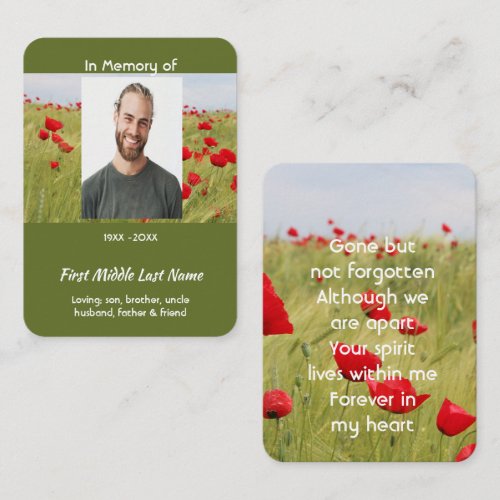 Prayer Card Memorial Keepsake Field of Red Poppy