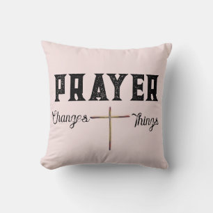 Prayer Changes Things Blush Pink with Cross Throw Pillow