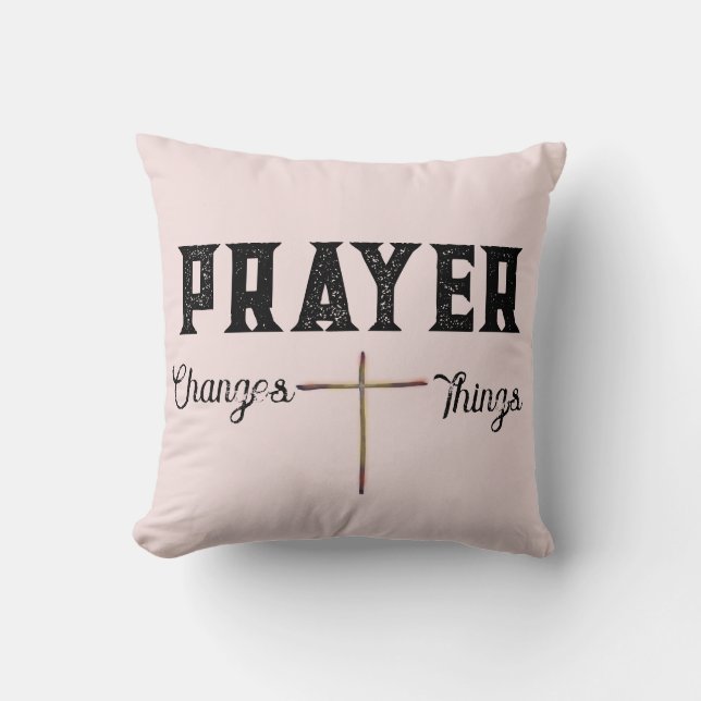 Prayer Changes Things Blush Pink with Cross Throw Pillow (Front)