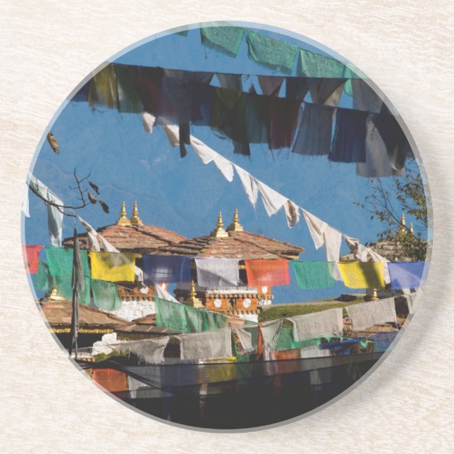 Prayer flags and chortens drink coaster (Front)