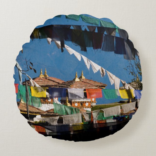 Prayer flags and chortens round pillow (Front)