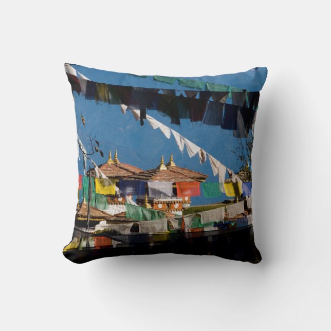 Prayer flags and chortens throw pillow (Front)