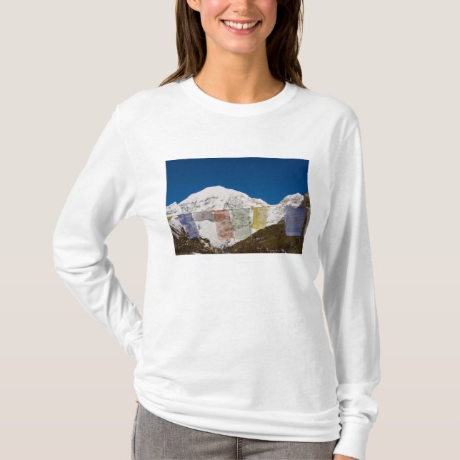 Prayer flags and Mount Jhomolhari, Bhutan. T-Shirt (Front)