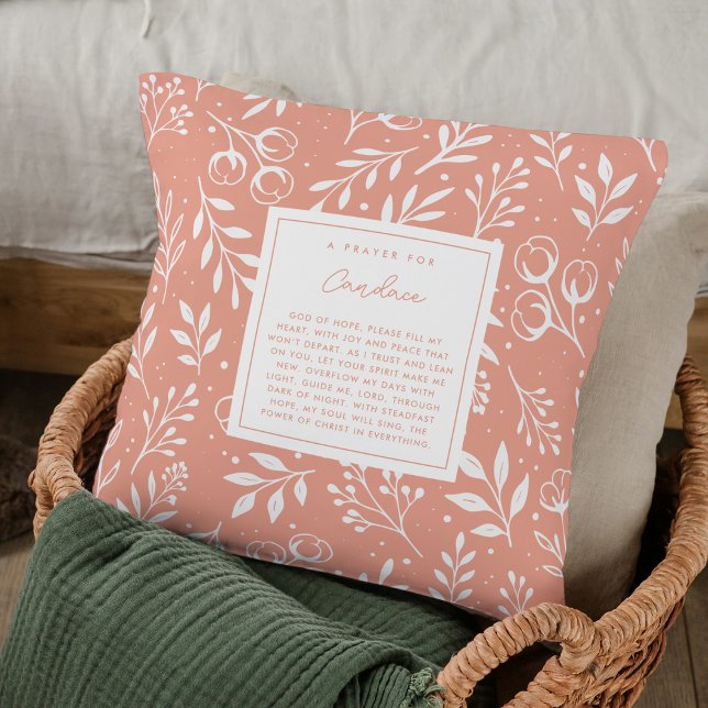  Prayer Keepsake Gift Scripture Peach Floral Throw Pillow (Custom Christian pillow with your name & editable prayer poem design.)