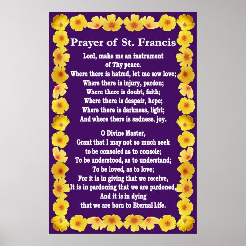 Prayer of St Francis with Golden Poppies Border Poster