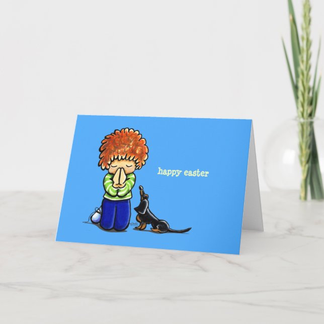 Prayer Partners Boy w Dachshund Personalized Holiday Card (Front)
