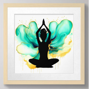 Prayer Pose Yoga woman Green Gold braided hair bun Poster
