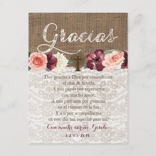Prayer thank you card in Spanish for Bautismo