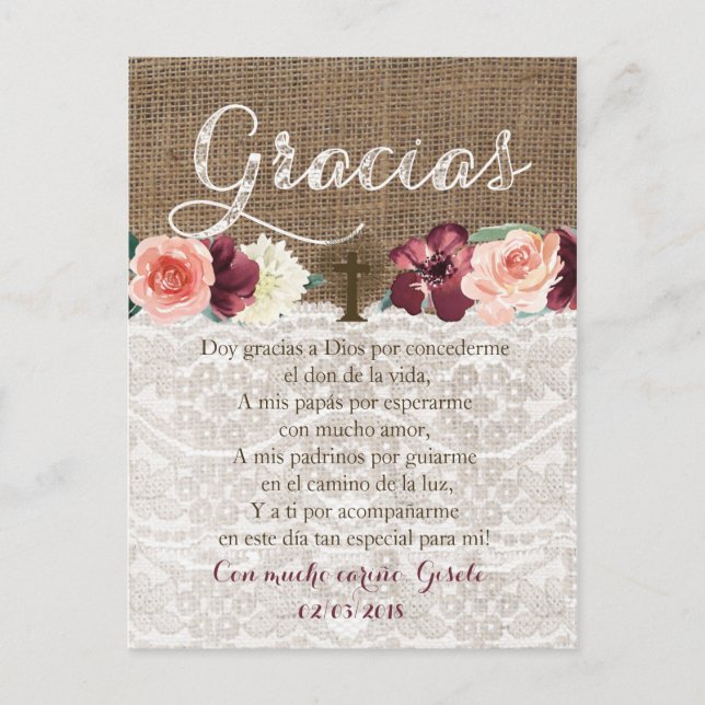 Prayer thank you card in Spanish for Bautismo (Front)