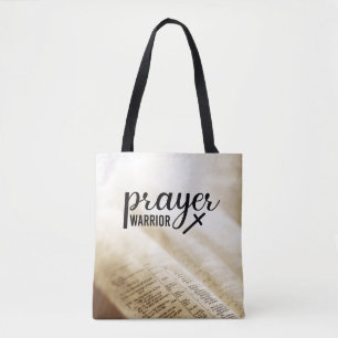 PRAYER WARRIOR Open Bible Christian Cross Tote Bag