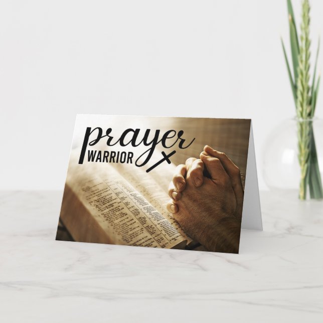 PRAYER WARRIOR Praying Hands Bible Christian Cross Card (Front)