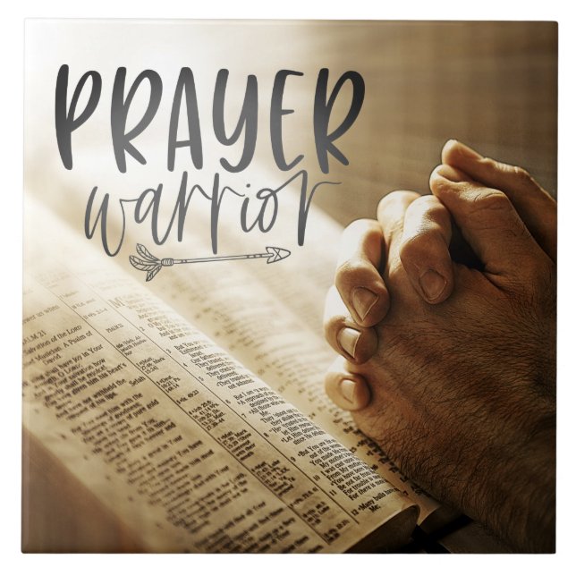 PRAYER WARRIOR Praying Hands on Open Bible Ceramic Tile (Front)