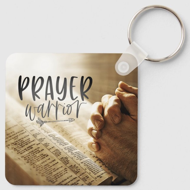 PRAYER WARRIOR Praying Hands on Open Bible Keychain (Back)