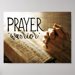 PRAYER WARRIOR Praying Hands on Open Bible Poster