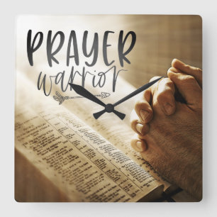 PRAYER WARRIOR Praying Hands on Open Bible Square Wall Clock