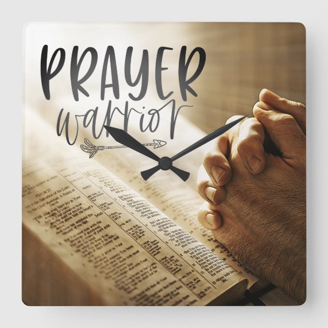 PRAYER WARRIOR Praying Hands on Open Bible Square Wall Clock (Front)