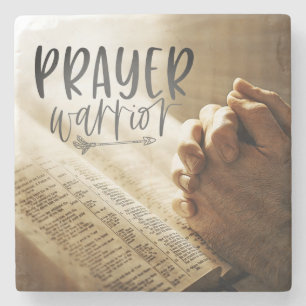 PRAYER WARRIOR Praying Hands on Open Bible Stone Coaster