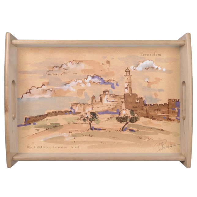 Prayer Western Wall Jerusalem David Old City Art Serving Tray (Front)