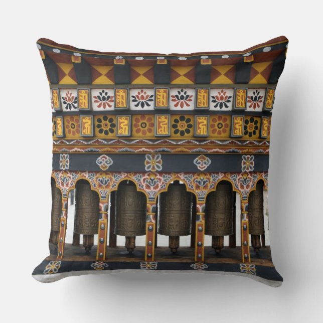 Prayer Wheels in a small public square Throw Pillow (Front)