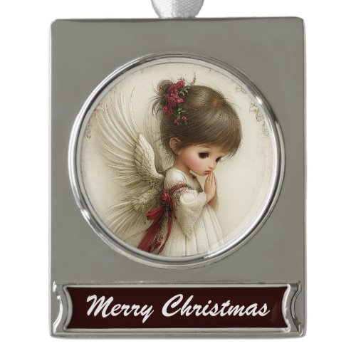 Prayerful Angel – Christmas Banner Design Silver Plated Banner Ornament