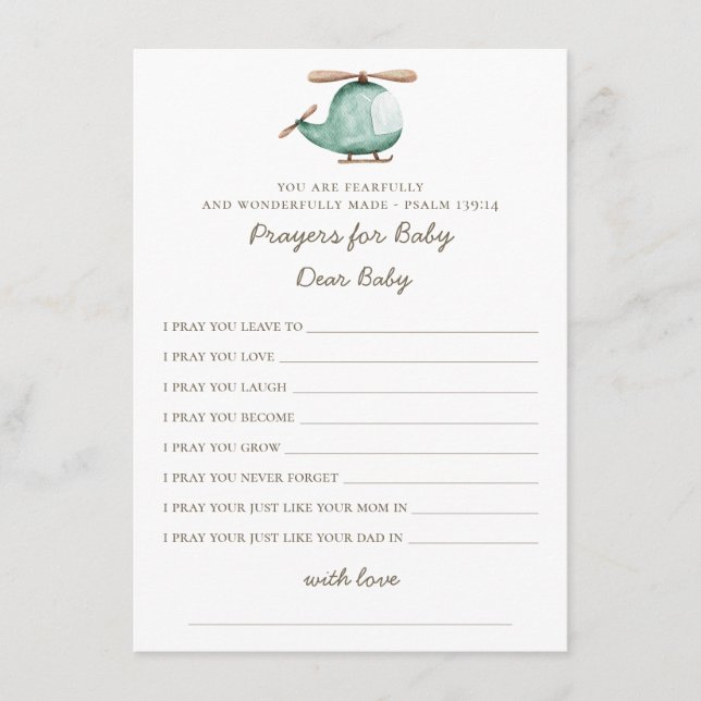 Prayers for Baby | Green Helicopter Baby Shower Enclosure Card (Front)