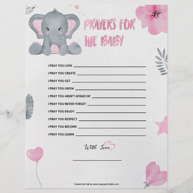 Prayers For The Baby [Baby Elephant [Pink]] Letterhead (Front)