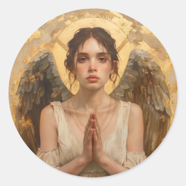 Praying angel classic round sticker (Front)