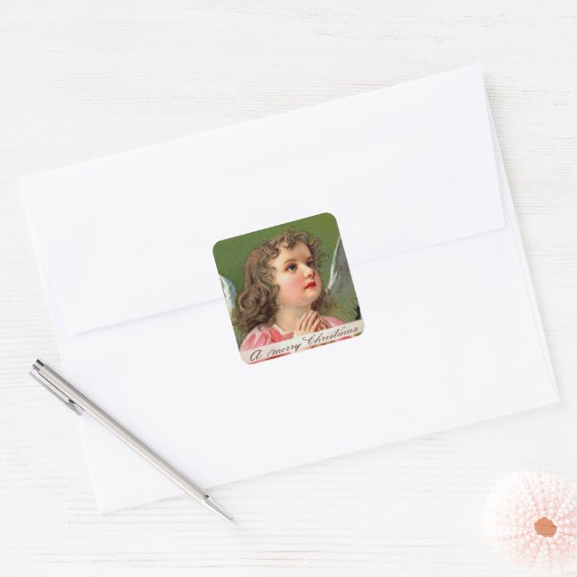Praying Angel with Christmas Banner Square Sticker (Envelope)
