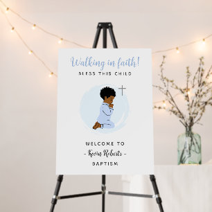 Praying Black Baby Boy Blue Baptism Welcome Sign