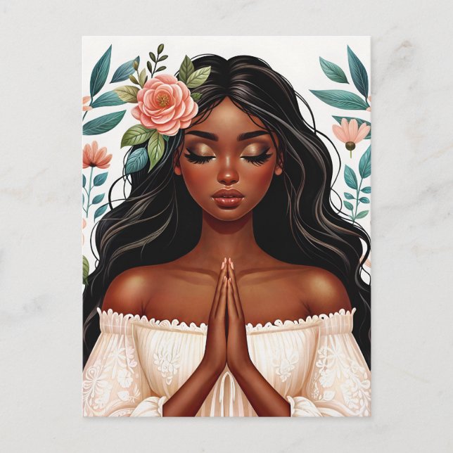 Praying Black Woman Floral African American Art Postcard (Front)