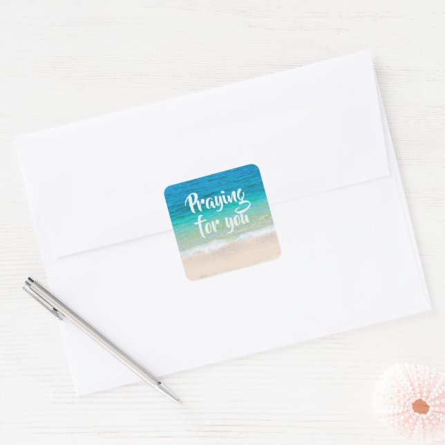 Praying Blue Ocean Beach Scene Square Sticker (Envelope)