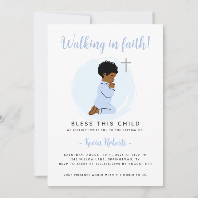 Praying Boy Baptism Invitation – Blue (Front)
