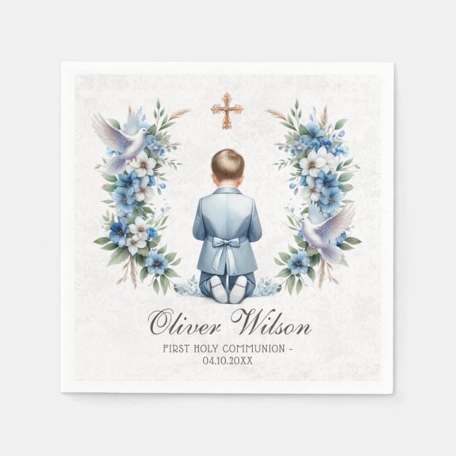 Praying Boy Holy Communion Paper Napkin (Front)