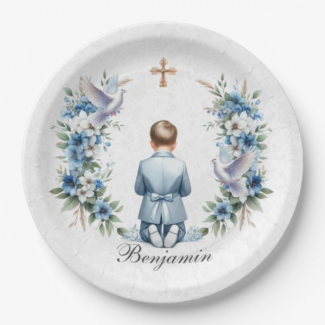 Praying Boy Holy Communion Paper Plates (Front)