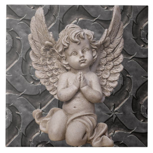 Praying Cherub Angel on Ornate Steel Background Ceramic Tile