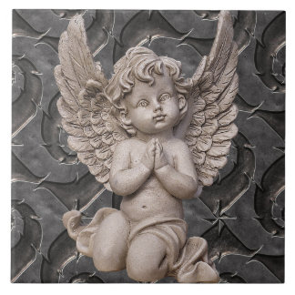 Praying Cherub Angel on Ornate Steel Background Ceramic Tile