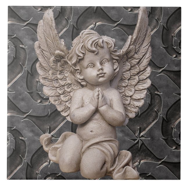Praying Cherub Angel on Ornate Steel Background Ceramic Tile (Front)