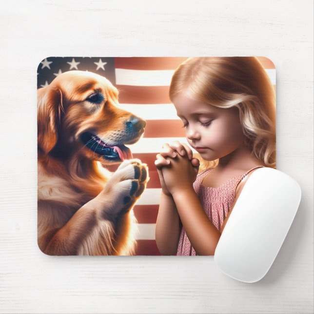 Praying Child And Golden Retriever Mouse Pad (With Mouse)