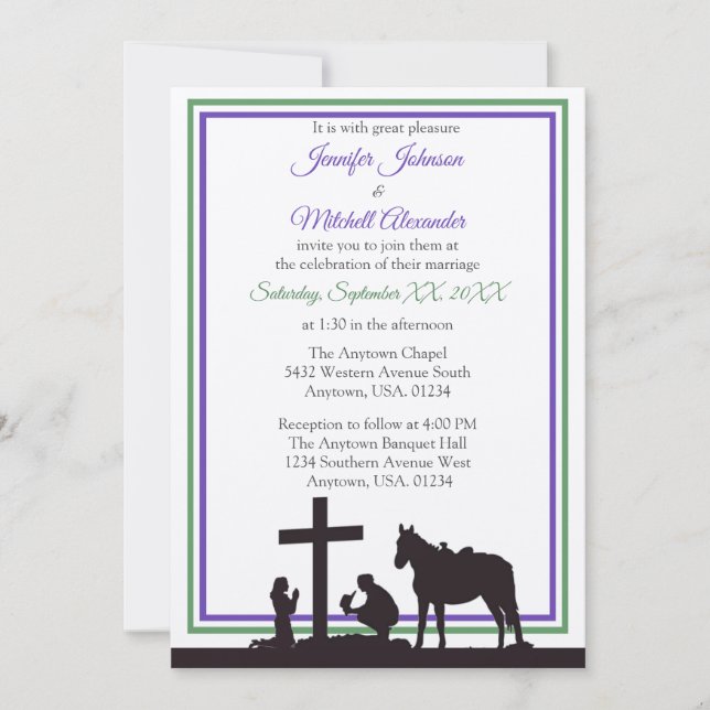 Praying Cowboy and Bride Purple and Green Wedding Invitation (Front)